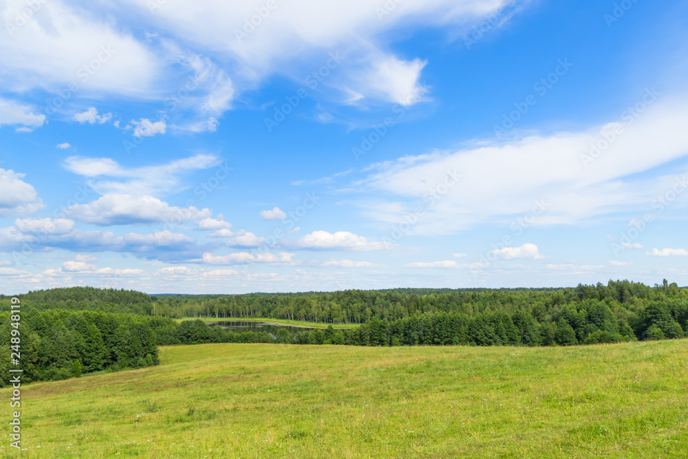 Landscape of European plains with hills and lowlands, marshes, meadows and forests. Blue sky with clouds over horizon.