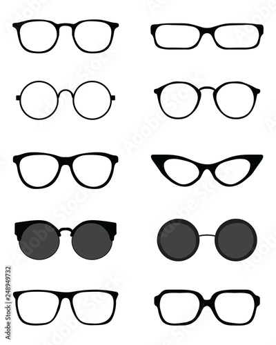 Black silhouettes of different eyeglasses on a white background