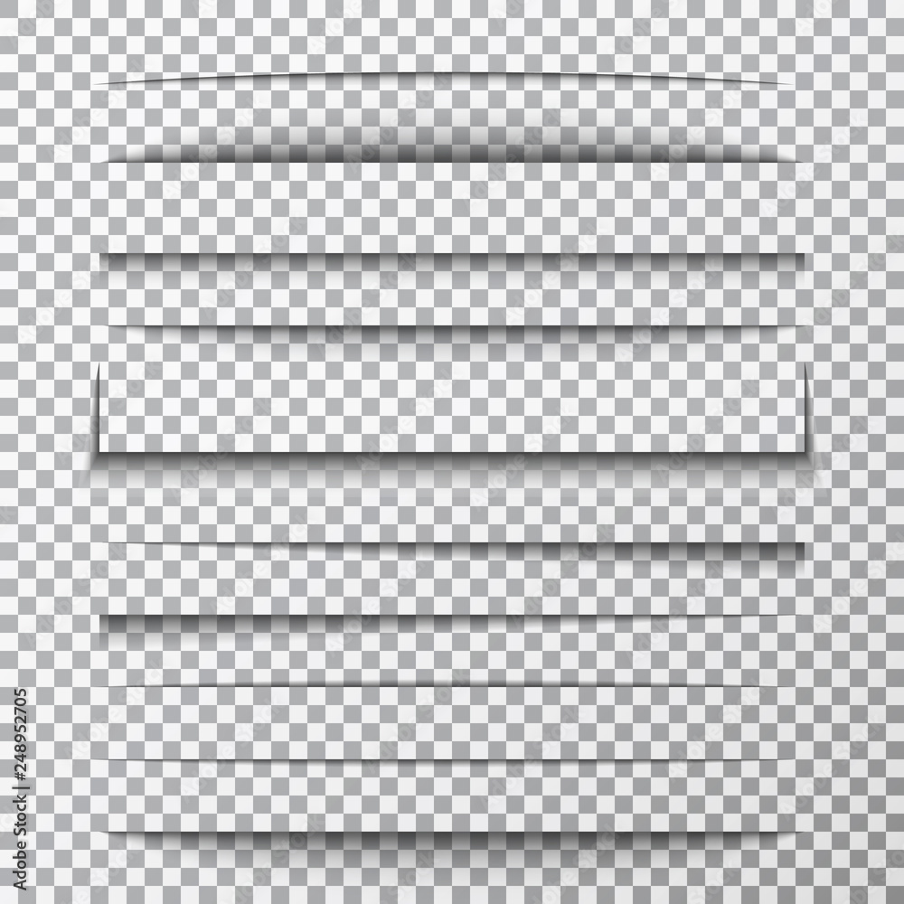 Paper shadows set on transparent background. Page divider with shadows. Realistic paper shadow line effect on checkered backdrop. Sheet of paper. Design for web, print, banner. Vector illustration