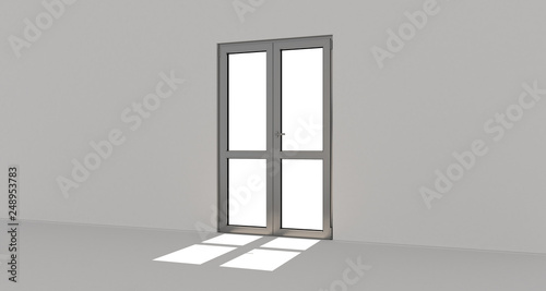 Grey door. Metall door. Metallic. White wall. 3d. 3D render.
