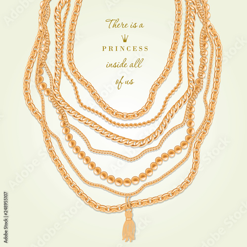 Gold chains necklace abstract background. Jewelry trendy template. Decorative design elements. Can be used for clothes print.