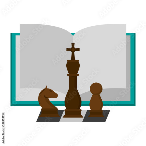 Book open with chess pieces