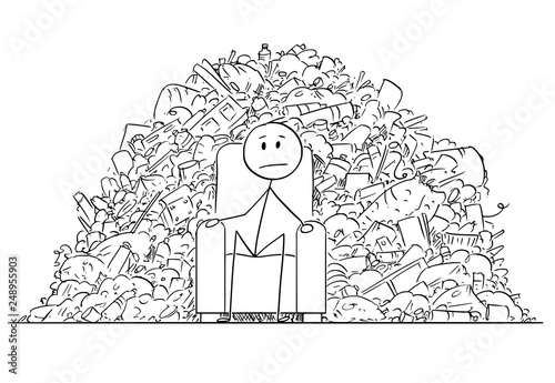 Cartoon stick figure drawing conceptual illustration of man or businessman sitting in armchair surrounded by pile of plastic waste or garbage. Environmental concept of consumer society.