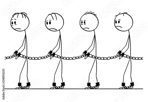 Cartoon stick figure drawing conceptual illustration of male slaves walking in chains. Horizontally tileable image.