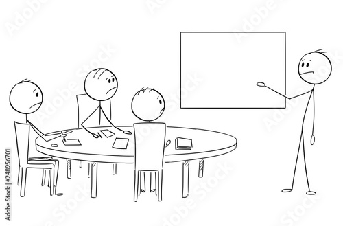 Cartoon stick figure drawing conceptual illustration of businessman presenting failure on empty table on business or work meeting.