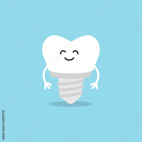 Funny cartoon tooth with implant on the blue background