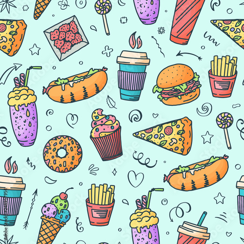 Seamless pattern. Vintage illustration with fast food doodle elements on background for concept design, menu. illustration for any purposes.