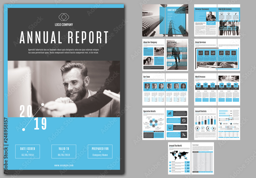 Annual Report Layout with Blue Accents Stock Template | Adobe Stock