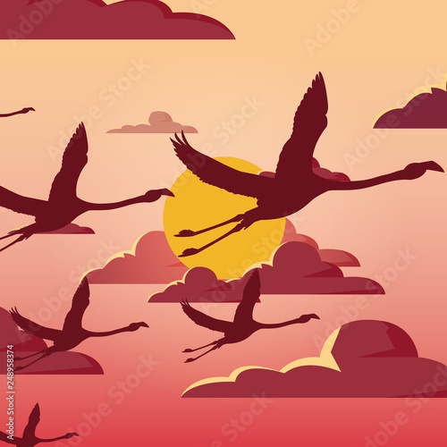 flying tropical flamingo