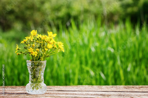 vase with yellow flowers on the table on a green background