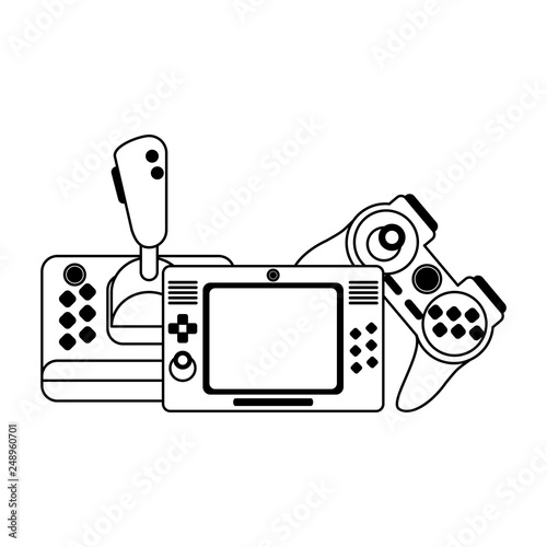 Videogame gamepads and console in black and white
