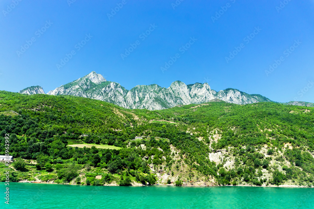 Landscape of Koman Lake, Albania.