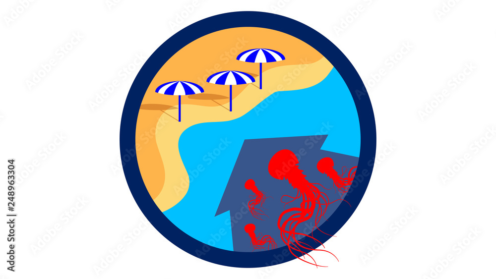 Logo of jellyfish danger by seaside, invasion of medusas on beach, hazard season Logo of jellyfish danger by seaside, invasion of medusas on beach, hazard season