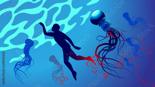 Swimmer underwater in dangerous situation wich huge poison jellyfish, which releases spores