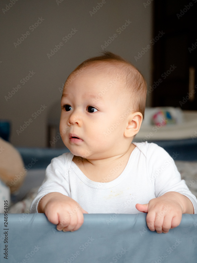 Cute handsome 6 months old half race East Asian boy looking smiling and