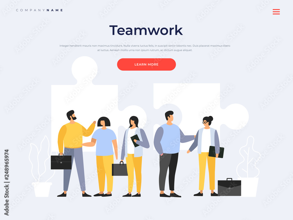 Landing page template. Teamwork. Meeting business people. The team young businessmen discusses discussing new projects. Solution of business problems. Vector flat illustration.