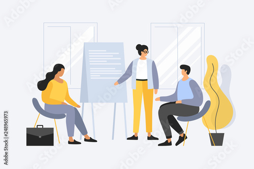 Concept of learning, business training and advanced training. Young cartoon woman conducts learning for employees. A man speaks in front of his colleagues. Vector flat illustration.