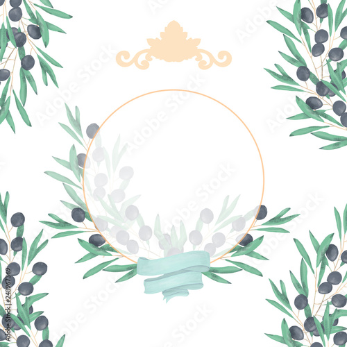 Wedding Invitation, floral invite card, olive floral and magnolia geometric golden circle frame print. White background.