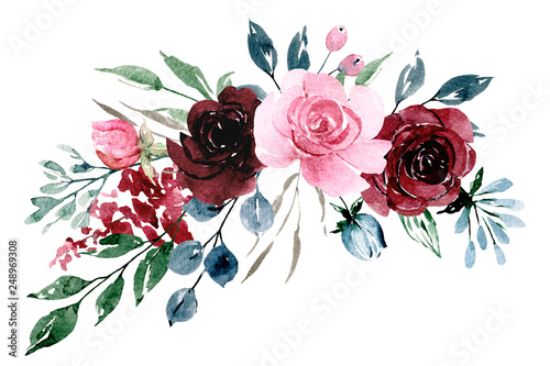 Flowers watercolor painting, pink and burgundy roses bouquet for greeting card, invitation, poster, wedding decoration and other printing images. Illustration isolated on white. photo