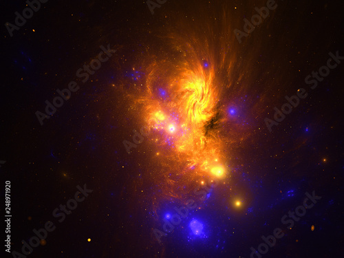 Nebula and galaxies in infinite space - starfield, stars and space dust scattered throughout a vast universe. Swirling black hole, burst of light from birth of stars, illustration, cosmic artwork.