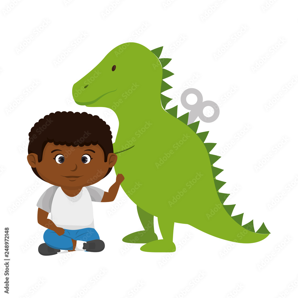 Obraz premium little boy black with tyrannosaurus rex toy