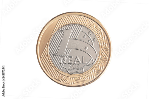 Brazilian "1 Real" 2018 coin on white background