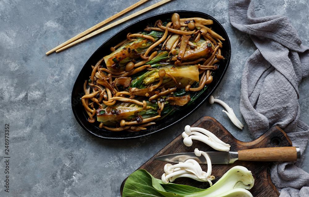 Bok choy o pak choi cabbage with shimeji mushrooms and Oyster sauce, garlic, typical asian