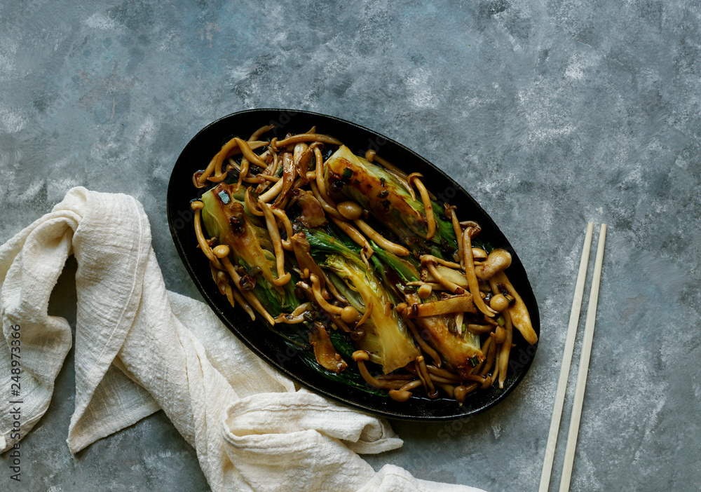 Bok choy o pak choi cabbage with shimeji mushrooms and Oyster sauce, garlic, typical asian