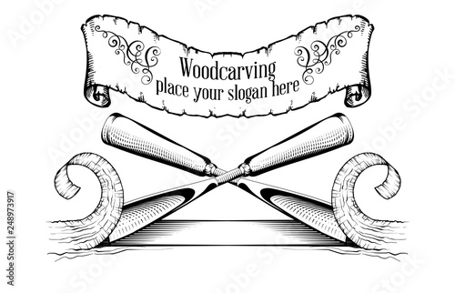Woodcarving logotype Illustration with a chisel, cutting a wood slice, vintage style logo, black and white isolated engraving