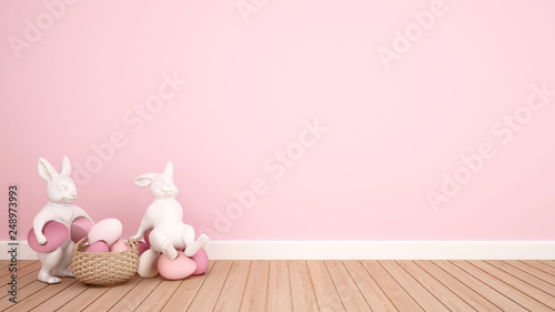 Rabbit puppets hold eggs and sit on eggs in a pink room. 3D illustration for Easter day artwork. © CHOTi