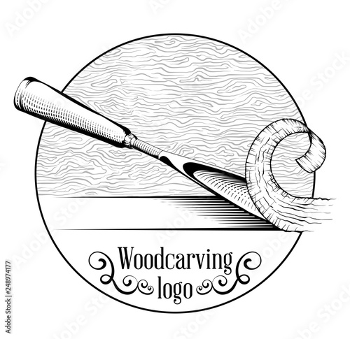 Woodcarving logotype Illustration with a chisel, cutting a wood slice, vintage style logo, black and white isolated engraving