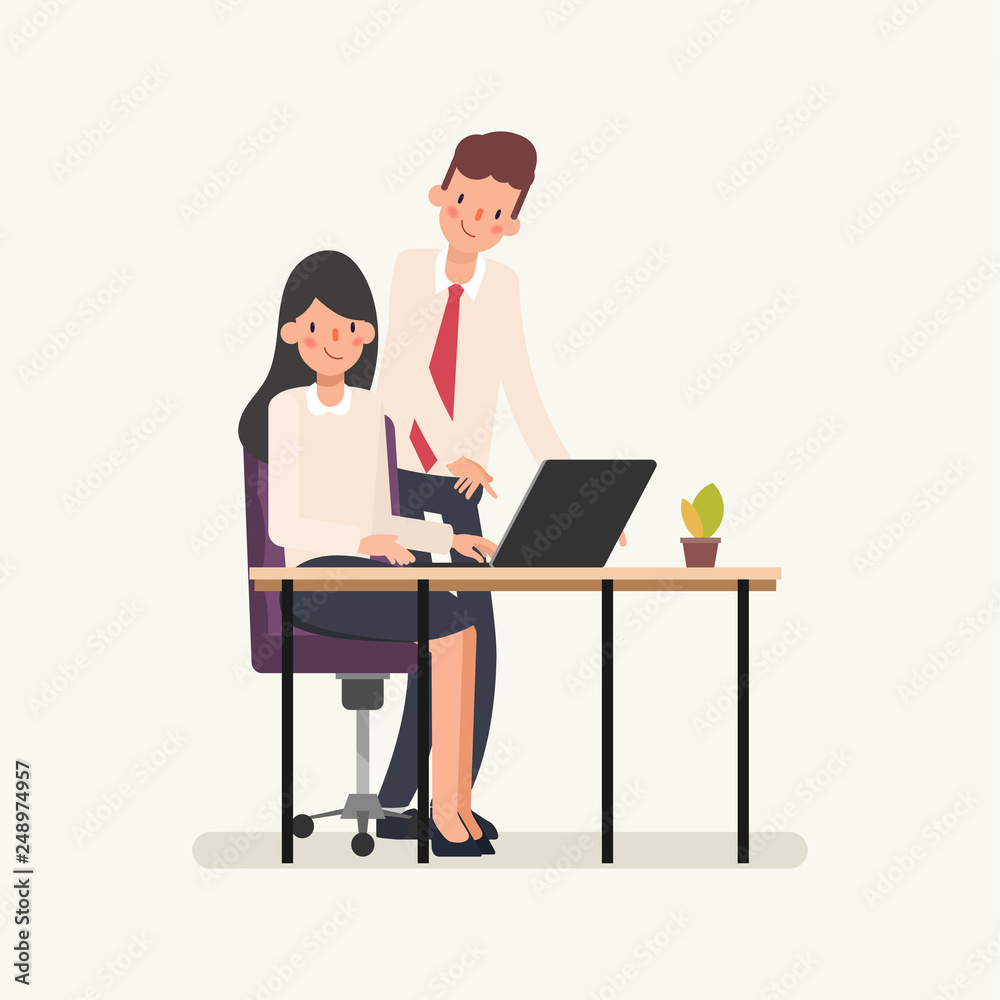 Business people colleague co working character. Animation scene businessman assign job to businesswoman. Animation scene for motion graphic. Business people colleague co working character. Animation scene businessman assign job to businesswoman. Animation scene for motion graphic.