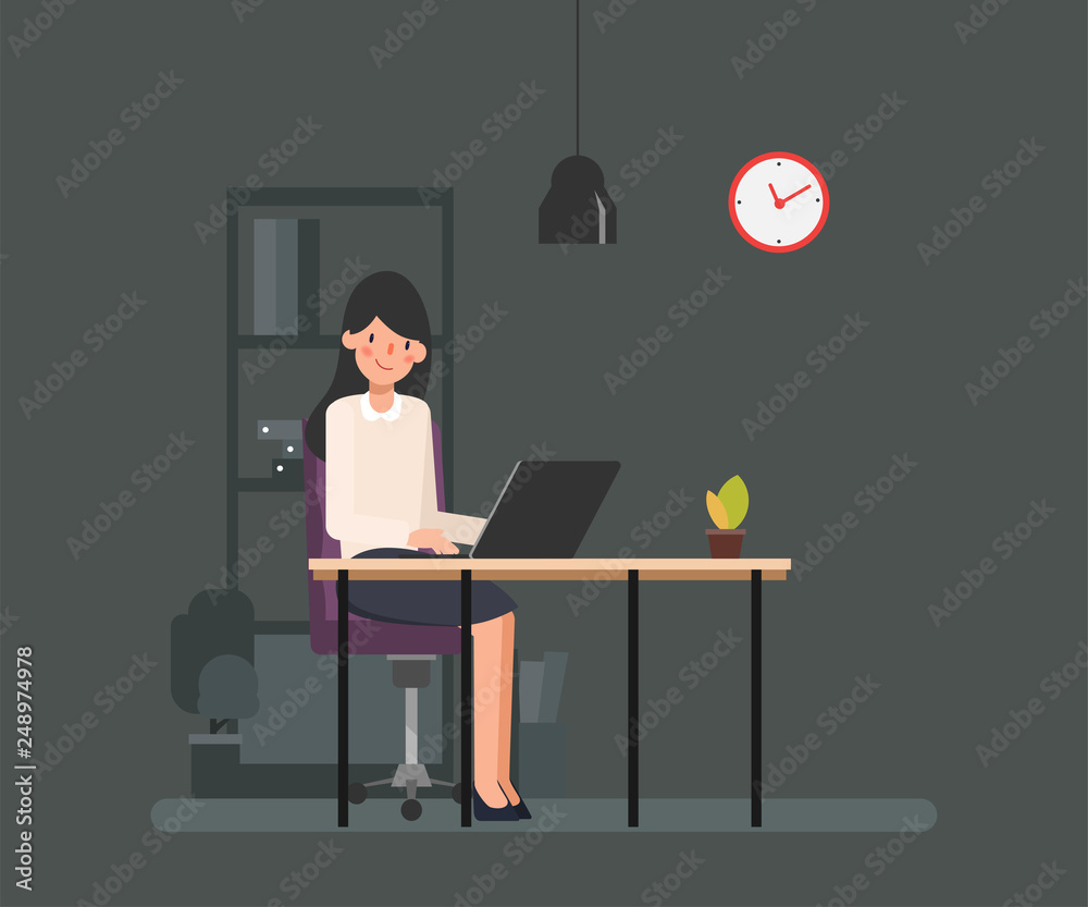 Business woman working on a laptop computer. Administration at office desk. Business people character. Animation scene for motion graphic. Business woman working on a laptop computer. Administration at office desk. Business people character. Animation scene for motion graphic.