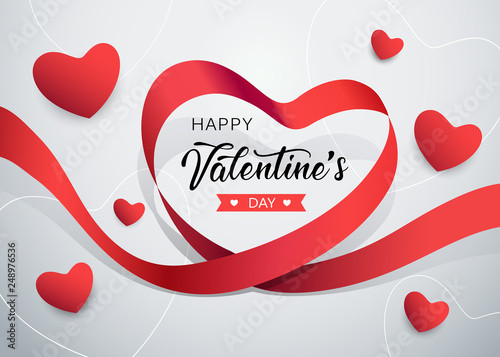 Happy Valentines day red ribbon heart shape banner design background, vector illustration