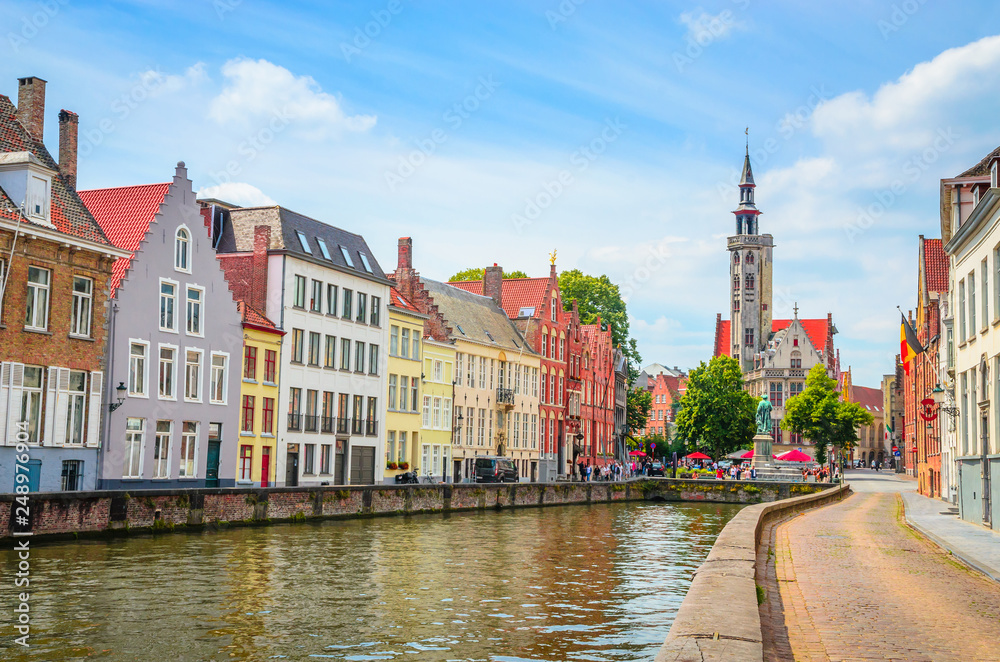 Beautiful canal Spiegelrei and Jan Van Eyck Square in Bruges (Brugge), Belgium