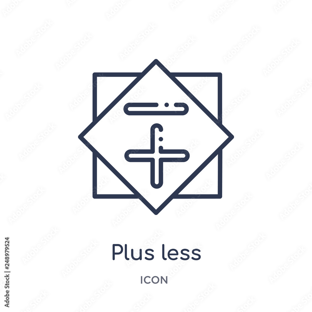 plus less icon from signs outline collection. Thin line plus less icon isolated on white background. plus less icon from signs outline collection. Thin line plus less icon isolated on white background.