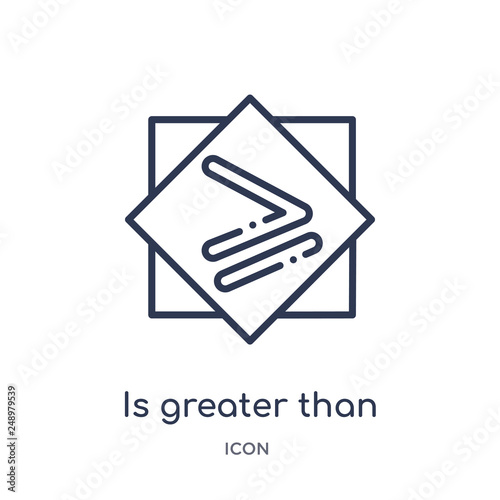 is greater than or equal to icon from signs outline collection. Thin line is greater than or equal to icon isolated on white background.