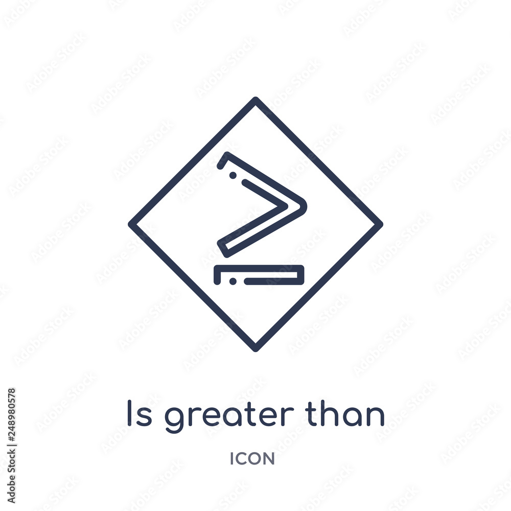 is greater than or equal to icon from signs outline collection. Thin line is greater than or equal to icon isolated on white background. is greater than or equal to icon from signs outline collection. Thin line is greater than or equal to icon isolated on white background.