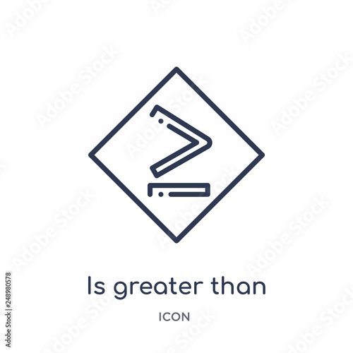 is greater than or equal to icon from signs outline collection. Thin line is greater than or equal to icon isolated on white background.
