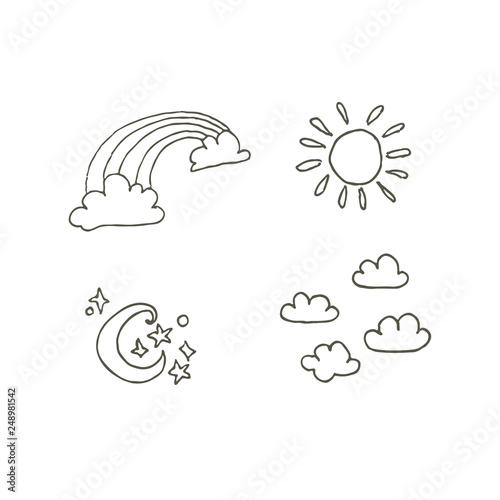 Four sky weather icons. Children's naive style image of the rainbow, sun, clouds and the moon with the stars.