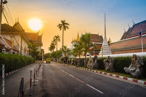 Beautiful sunset at Wat Saket Ratcha Wora Maha Wihan (Wat Phu Khao Thong, Golden Mount temple), a popular Bangkok tourist attraction and has become one of the symbols of the city.