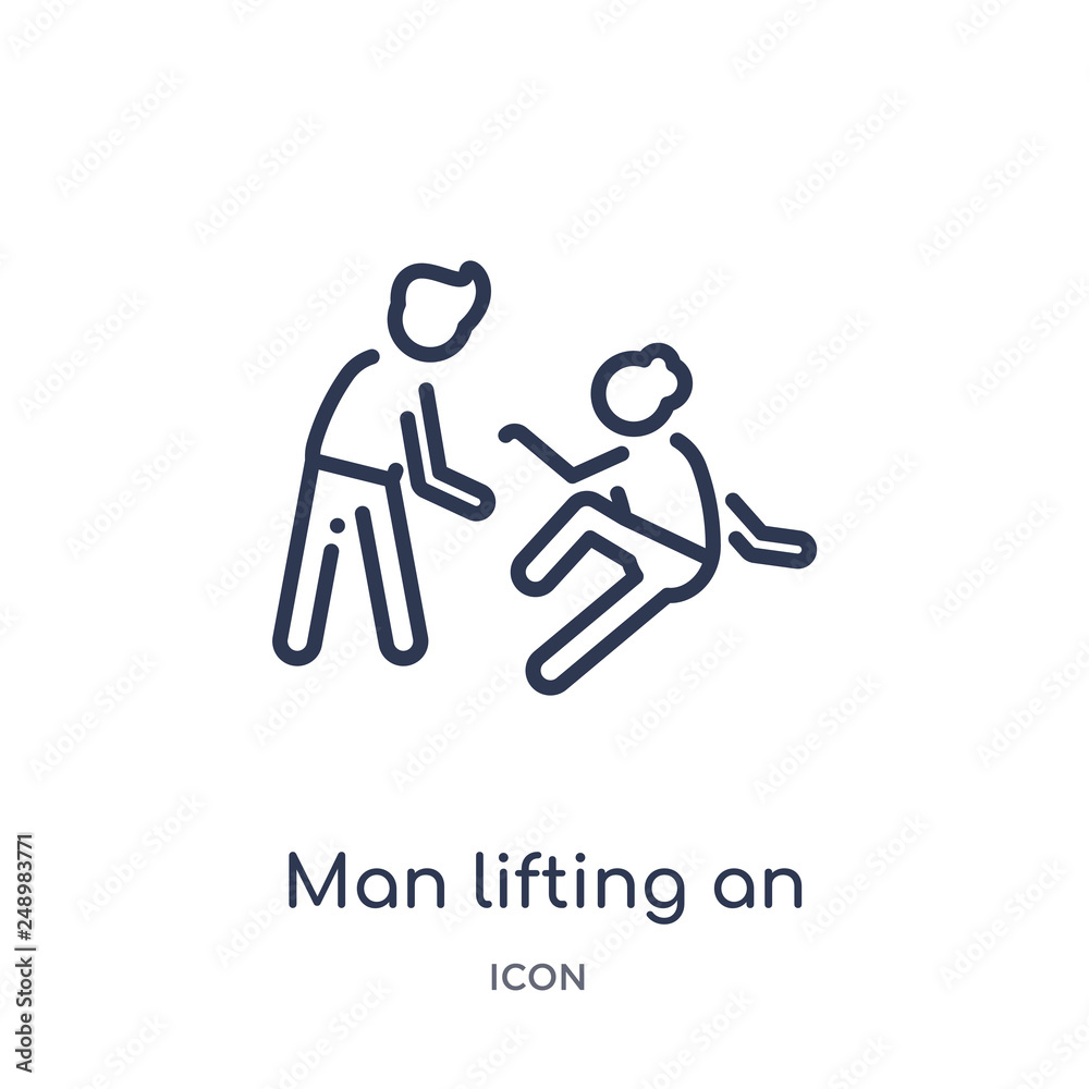 man lifting an old man icon from people outline collection. Thin line man lifting an old man icon isolated on white background. man lifting an old man icon from people outline collection. Thin line man lifting an old man icon isolated on white background.