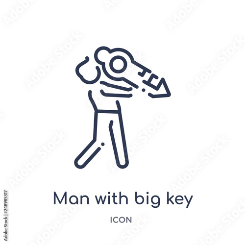 man with big key icon from people outline collection. Thin line man with big key icon isolated on white background.