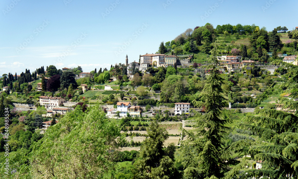 Spring in Italy. The blossoming hills of Bergamo.