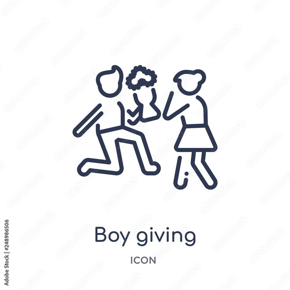 Fototapeta premium boy giving flowers to his girlfriend icon from people outline collection. Thin line boy giving flowers to his girlfriend icon isolated on white background.