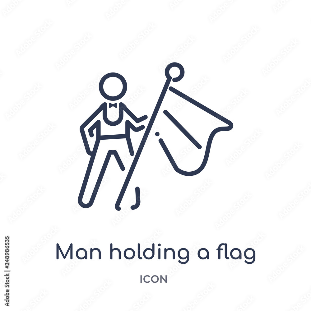 man holding a flag icon from people outline collection. Thin line man holding a flag icon isolated on white background. man holding a flag icon from people outline collection. Thin line man holding a flag icon isolated on white background.