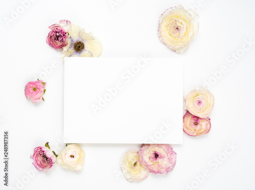 Blank Floral Ranunculus and Anemone Card Flat Lay Background