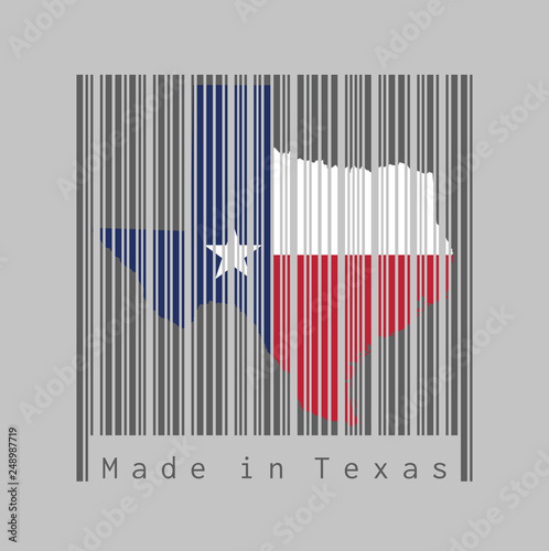 Barcode set the shape to Texas map outline and the color of Texas flag on dark grey barcode with grey background, text: Made in Texas.