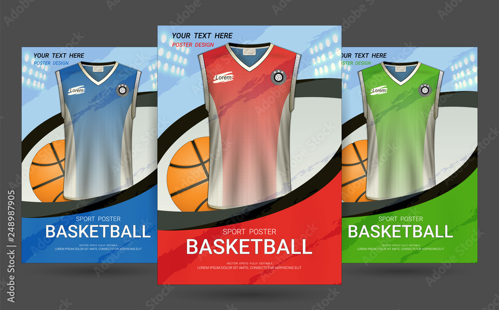 Flyer & Poster Cover design template with Basketball jersey and t-shirt  sport mockup uniform, Editable graphic element in red, blue and green  colors. (EPS10 vector fully editable and color change) Stock Vector
