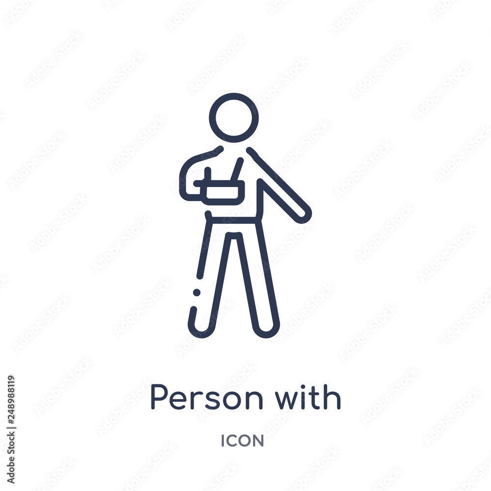 person with broken arm icon from people outline collection. Thin line person with broken arm icon isolated on white background. person with broken arm icon from people outline collection. Thin line person with broken arm icon isolated on white background.